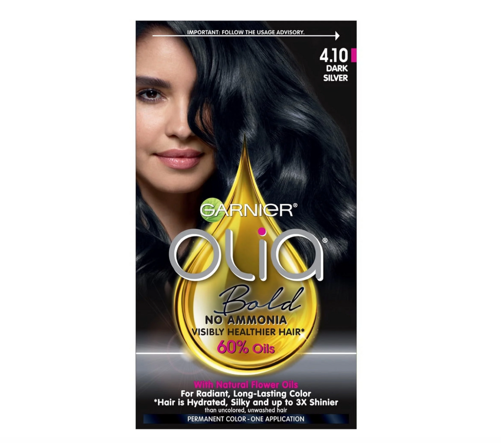 Garnier Olia Permanent Hair Color with Non-Drip Velvet Cream Formula, Bold Collection, Ammonia Free Dye, 4.10 Dark Silver