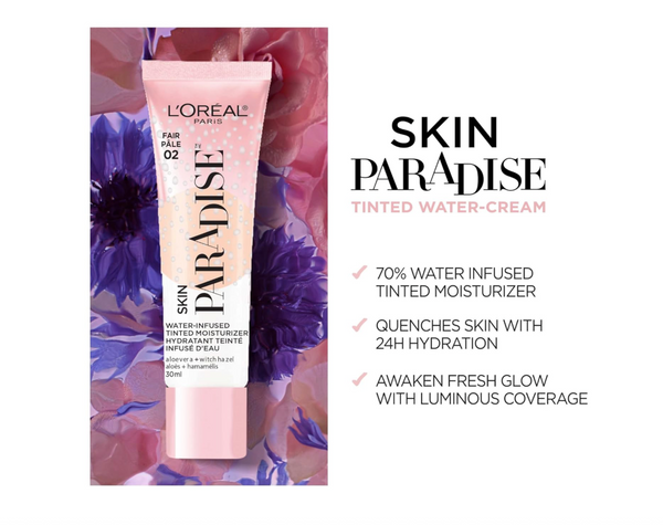 L'Oreal Paris Skin Paradise Water-infused Tinted Moisturizer with Broad Spectrum SPF 19 sunscreen, natural coverage up to 24h hydration for a fresh, Light 01, 1 fl oz